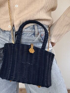 Jennifer Moore Navy Woven Crossbody with Gold Chain